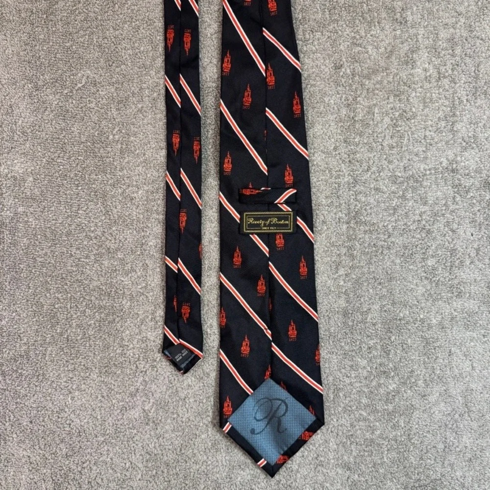 Rivetz of Boston Mens Silk Tie Navy Blue Red White Striped 1877 Crest Handmade